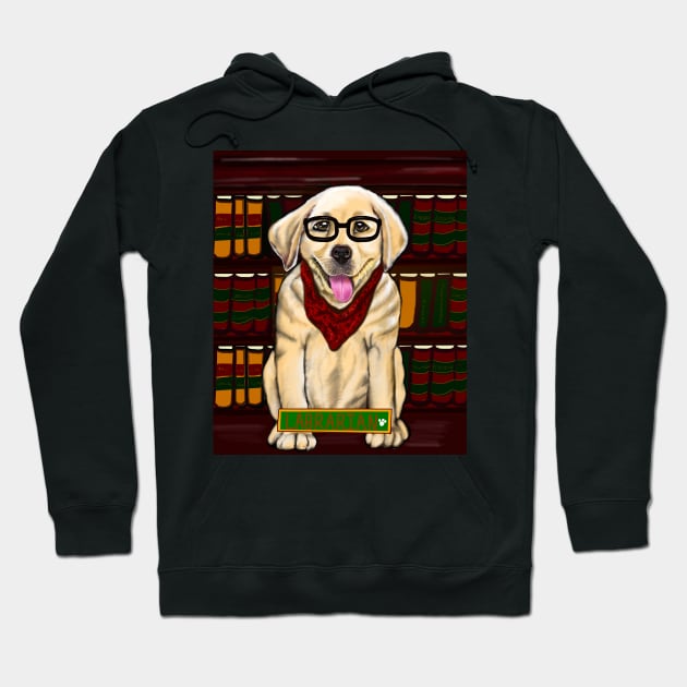 Golden Labrador “Labrarian” in library wearing glasses and red scarf cute Golden Labrador retriever puppy dog Librarian Hoodie by Artonmytee